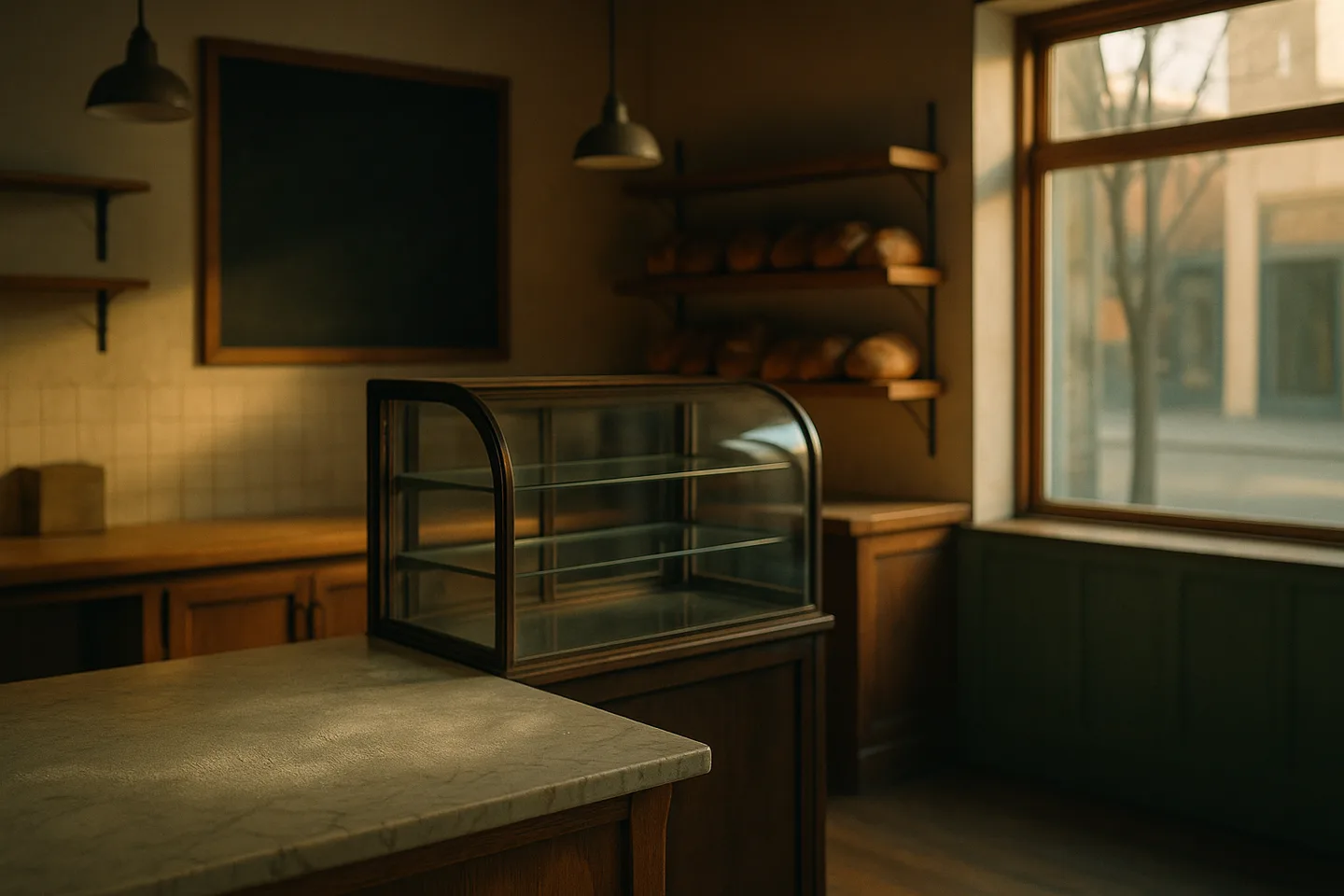 The empty interior of a warm artisan bakery before opening.