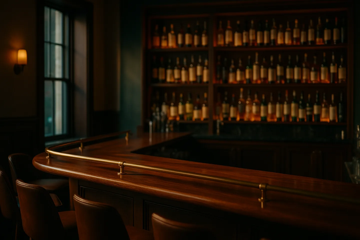 The empty interior of an upscale neighborhood cocktail bar at golden hour.