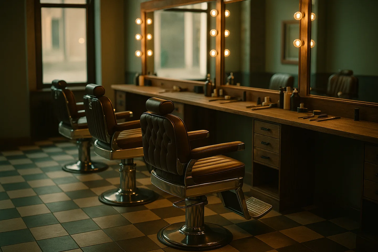 The empty interior of an upscale independent barbershop and salon before opening.