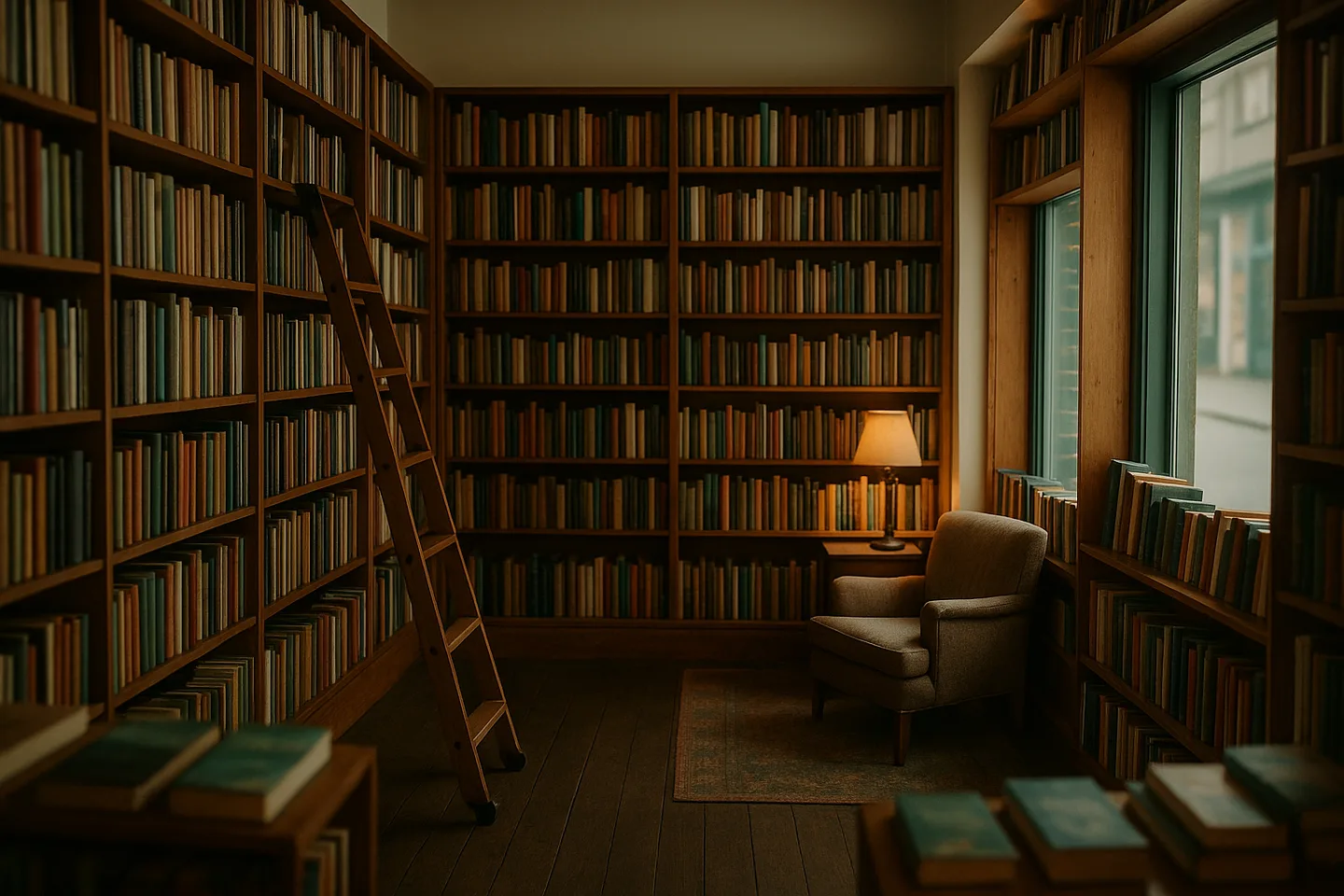 The empty interior of a cozy independent bookstore lined with shelves.