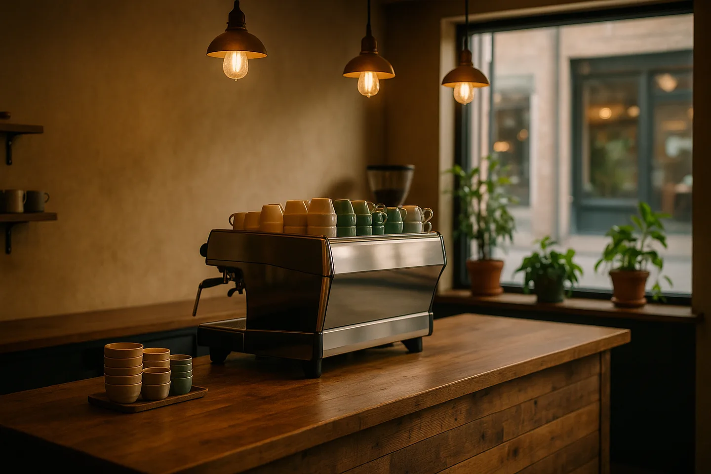 The empty interior of an independent specialty coffee shop before opening.