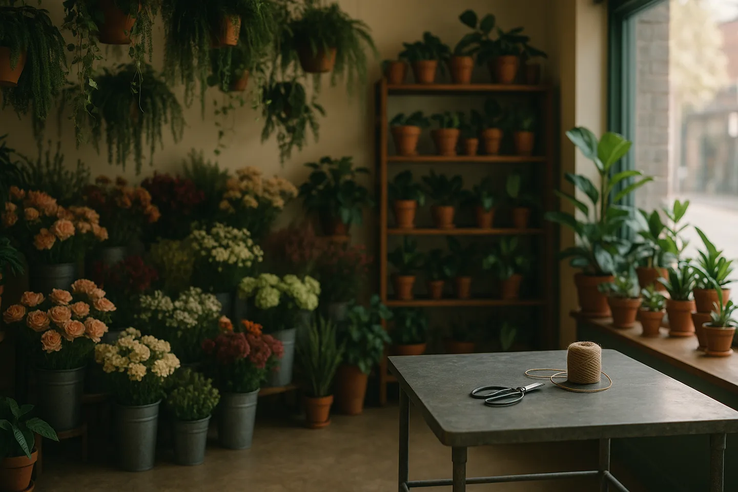 The empty interior of an independent florist and plant shop.