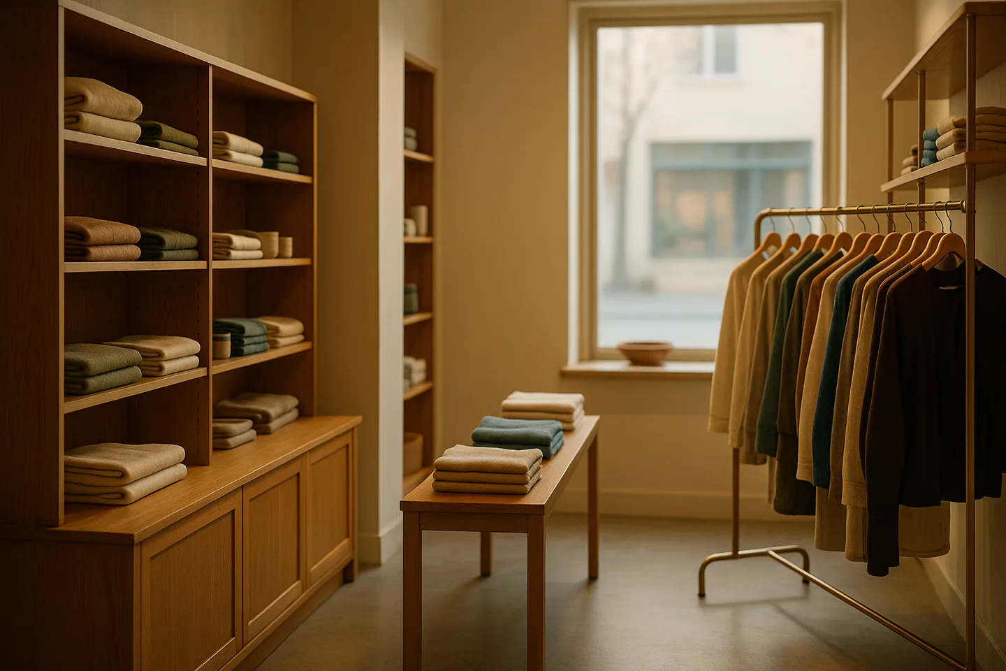 The empty interior of a small boutique retail shop in warm daylight.