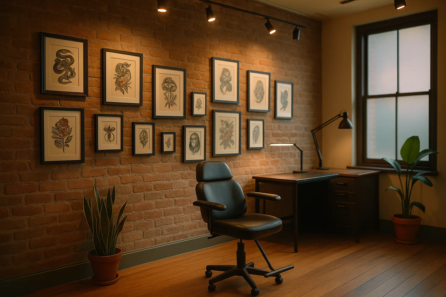 The empty, professional interior of a tattoo and art studio.