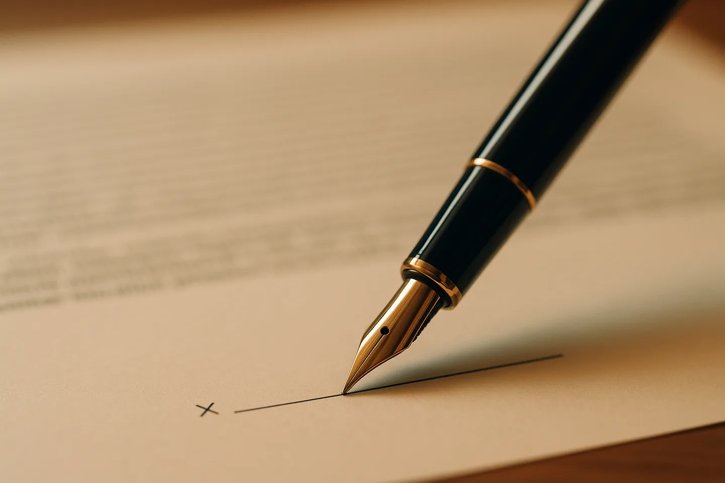 An elegant fountain pen resting on the signature line of a formal contract, the body text an indistinct blur.